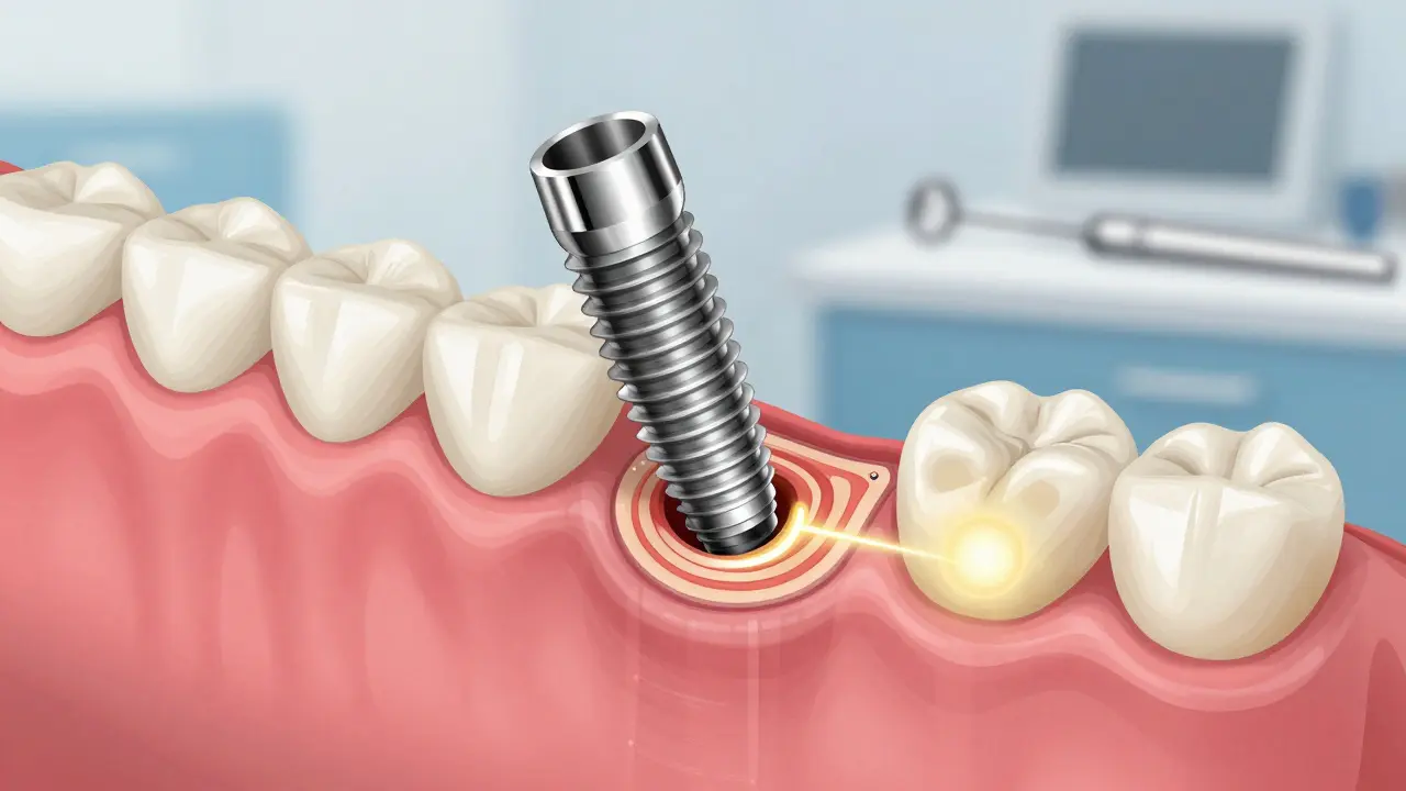 Chirurgický pohled na implantát vkládaný do čelisti s integrací kosti.