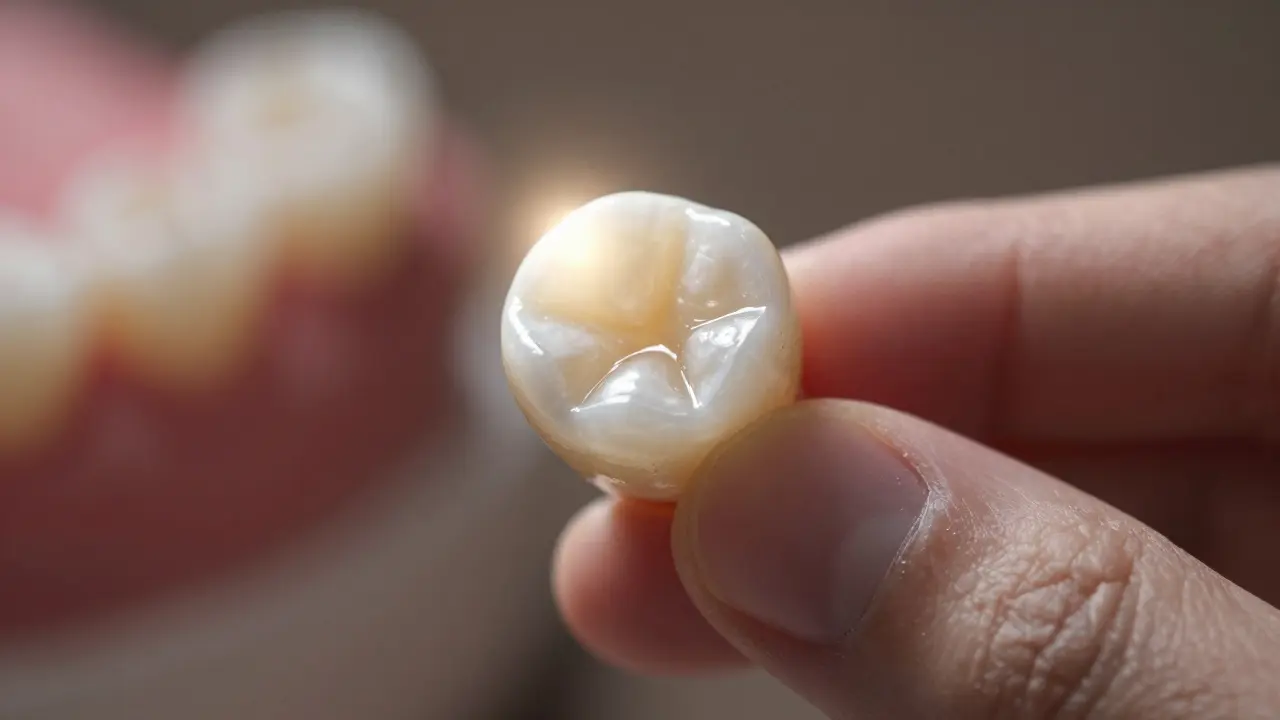 Close-up of a porcelain veneer held against a natural tooth, showing light transmission.