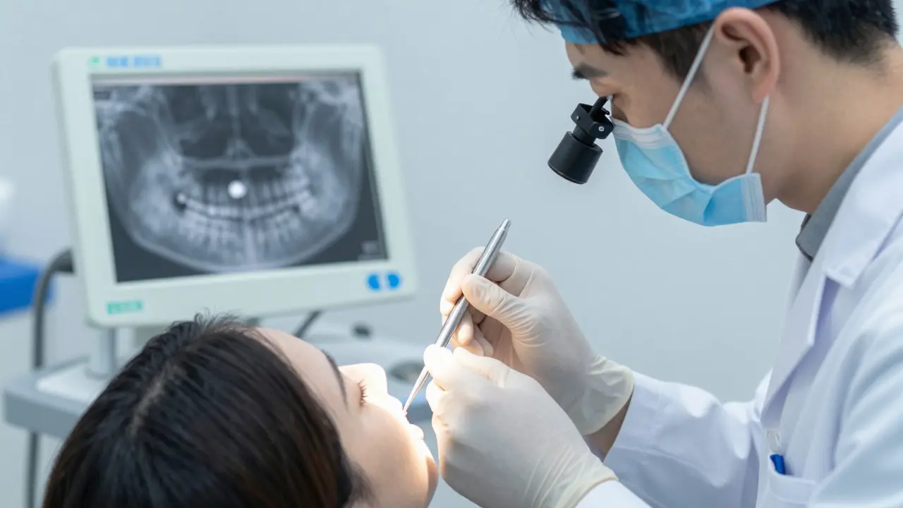 Dentista vyšetřuje zub pomocí lupky a zobrazuje rentgenový snímek na monitoru.