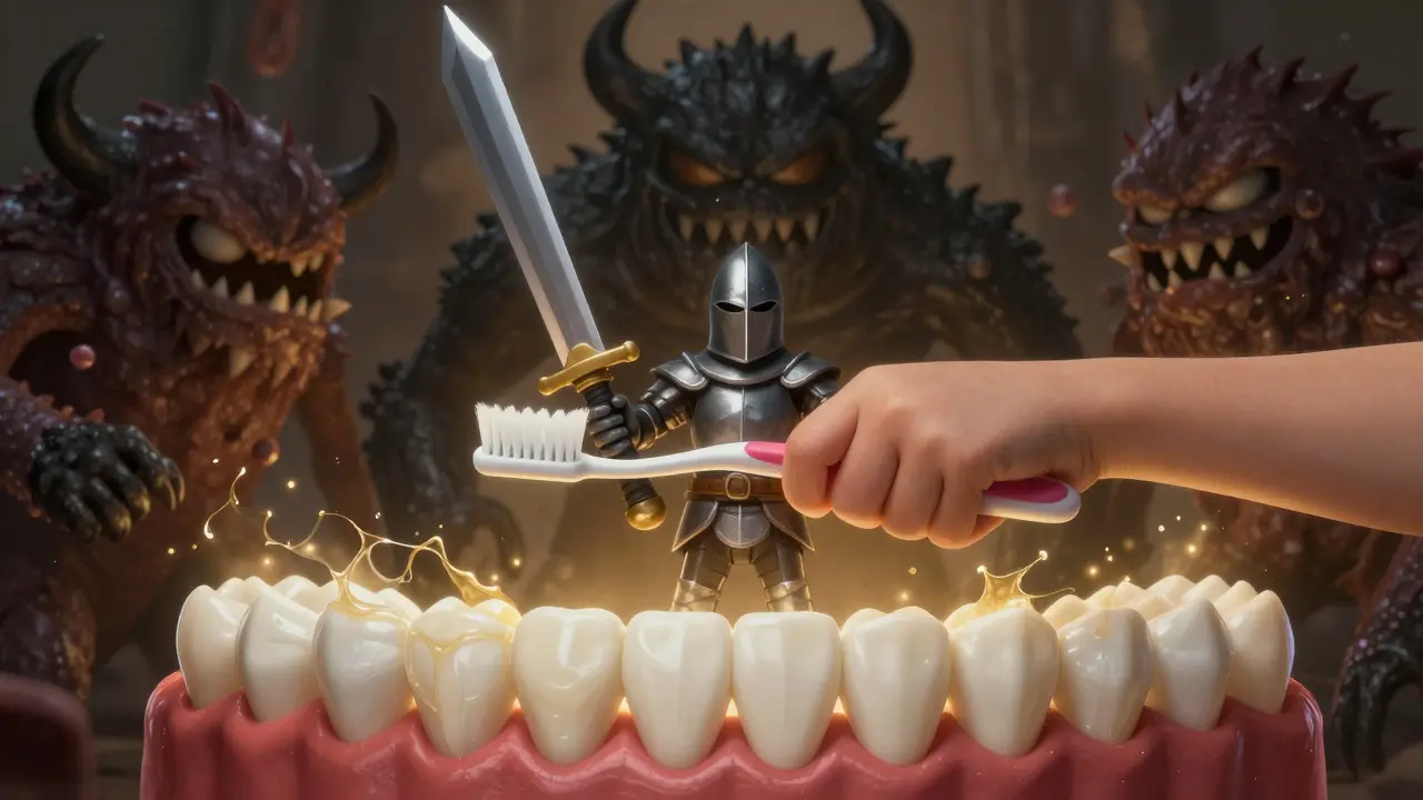 Dítě jako rytíř s kartáčkem bojuje proti zubnímu kamenu jakožto zlému stvoření.