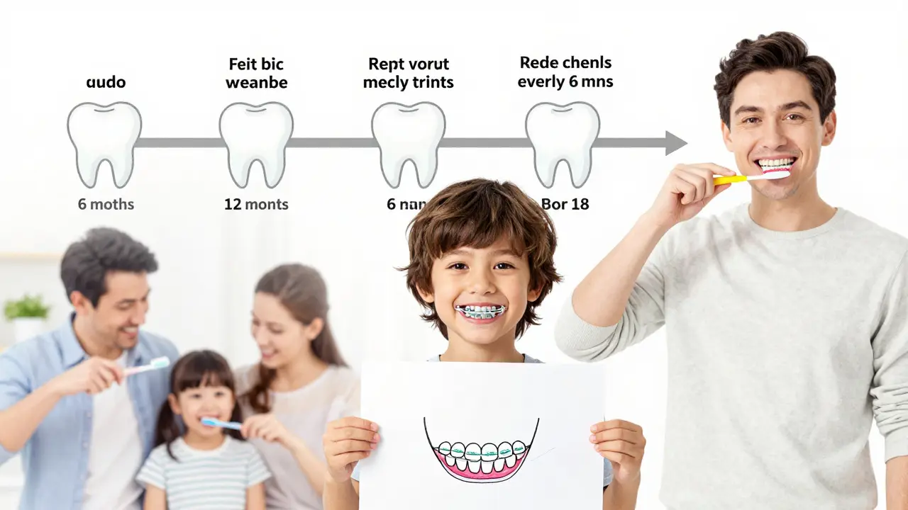 Dítě s ortodontickým zařízením a časovou osou jeho zubní péče od prvního zubu k dospělosti.