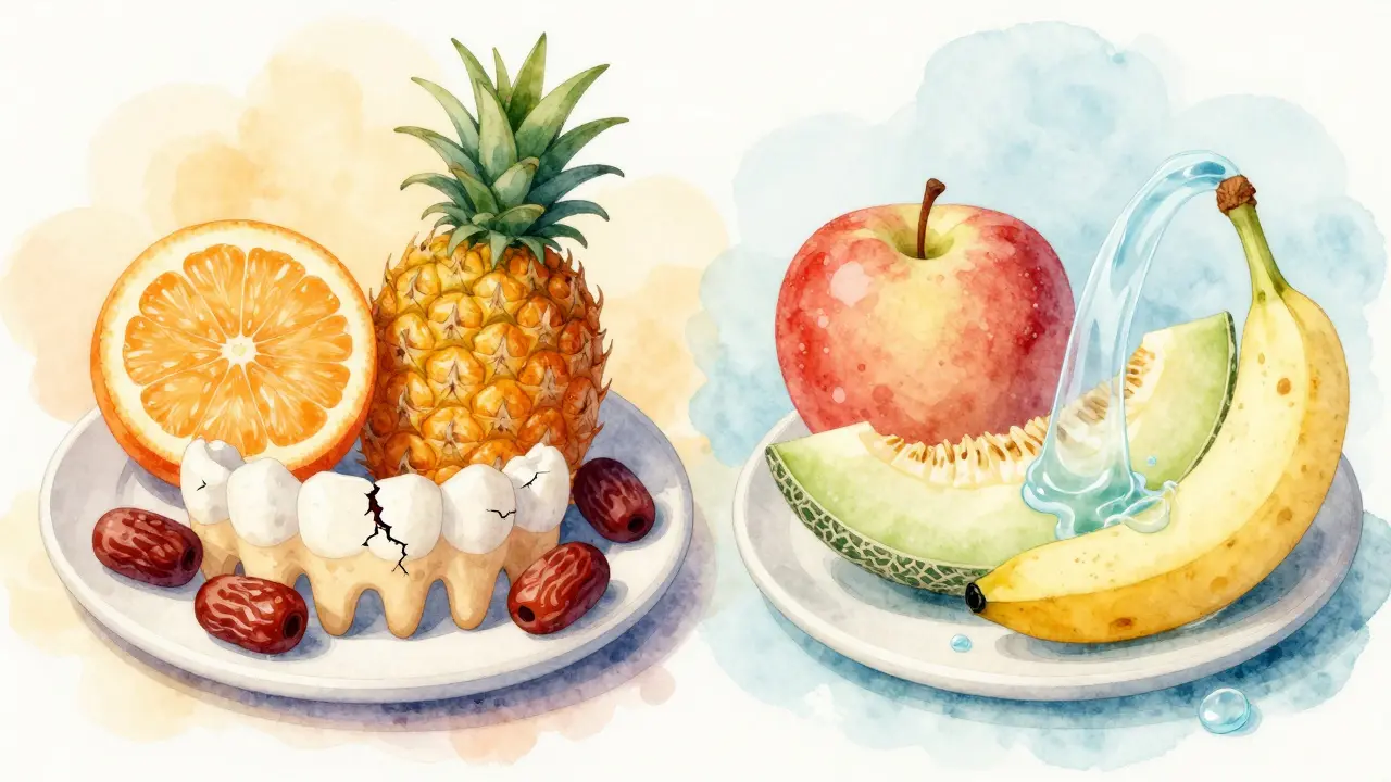 Dvě misky s ovocem: jedna poškozuje zuby, druhá je přirozeně čistí.