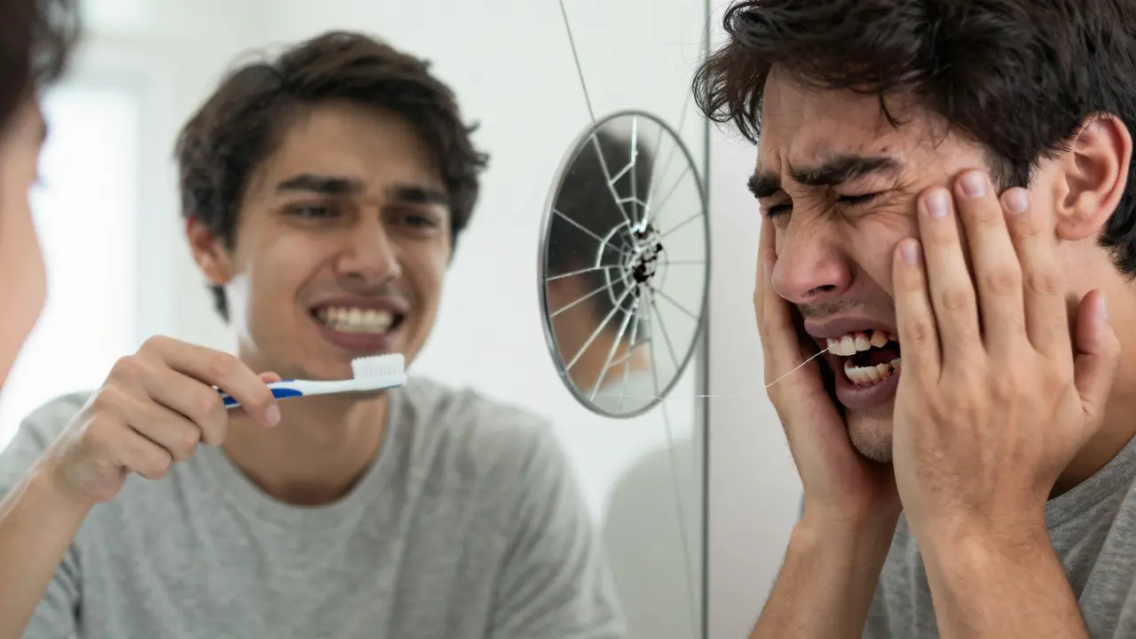 Dvě strany jednoho člověka: jedna klidně čistí zuby, druhá trpí zánětem – připomínka důležitosti prevence.