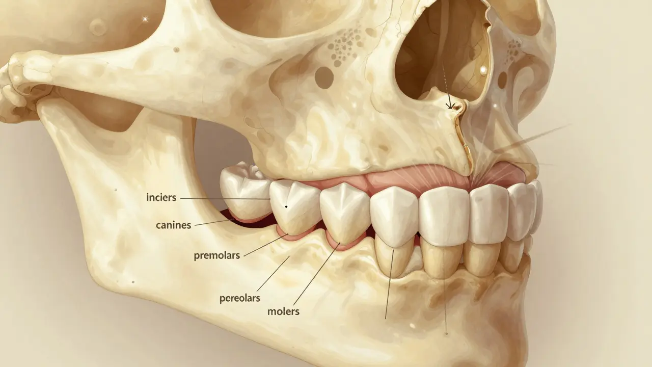 Ilustrace čelisti s různými typy zubů a částečně vyrůstající osminkou, která tlačí na sousední zuby.