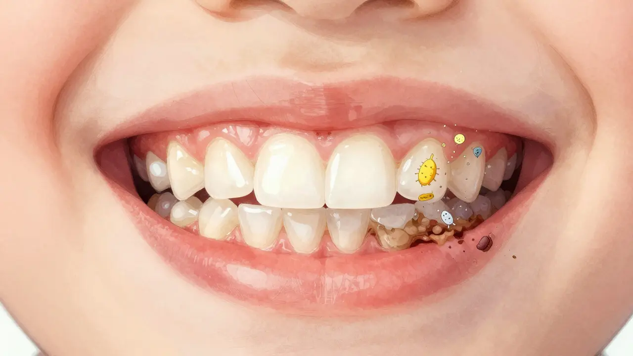 Ilustrace vývoje plaku na zubech do zubního kamene u dítěte.