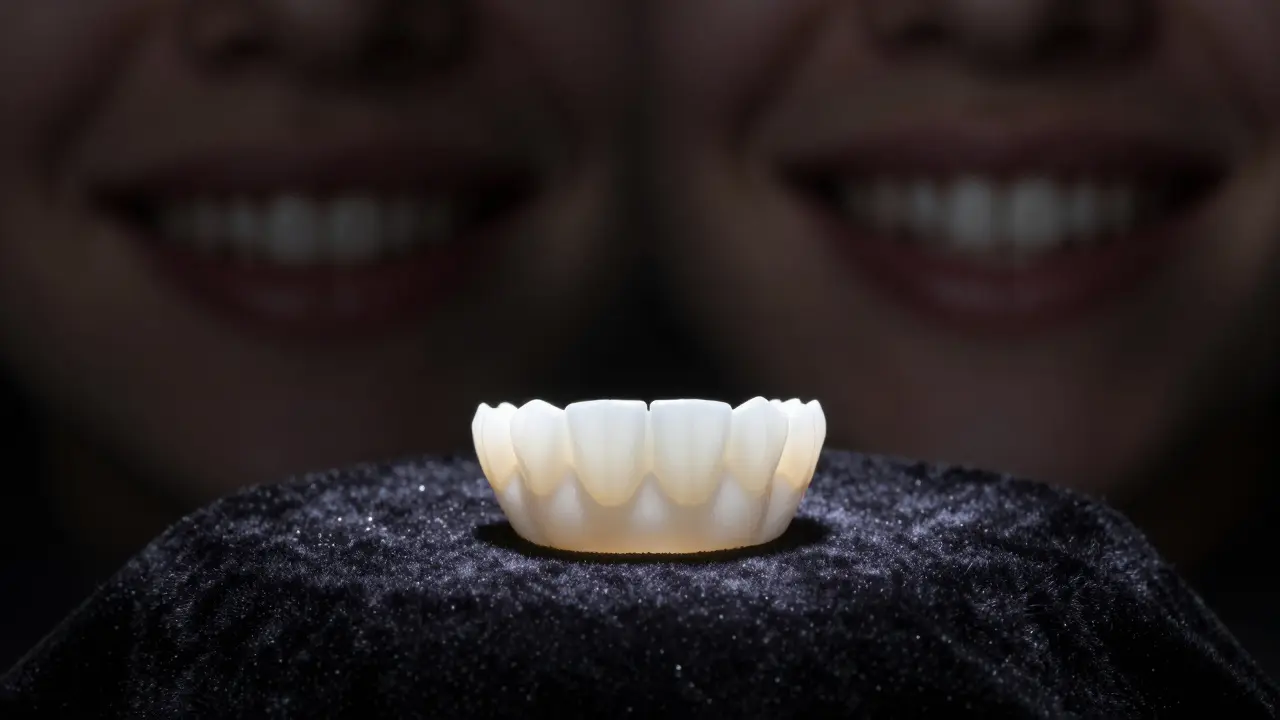 Jedna keramická zubní fazeta na černém hedvábném povrchu s jemným osvětlením