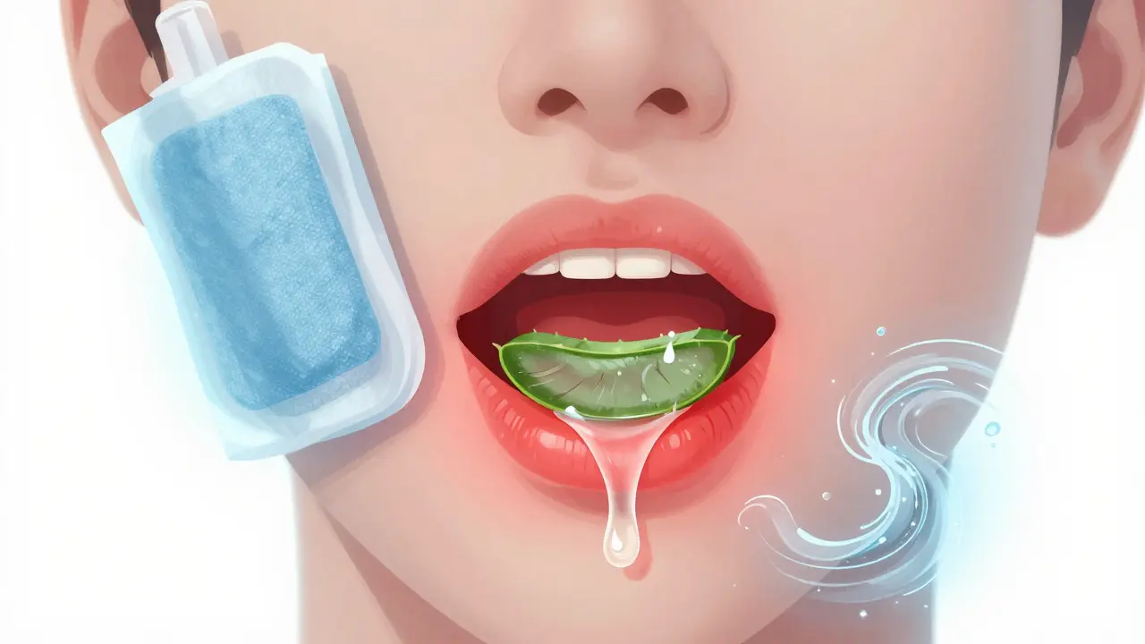 Klidná ústní dutina s aloe verou a chladným kompresem na dásních, symbolizující léčení.