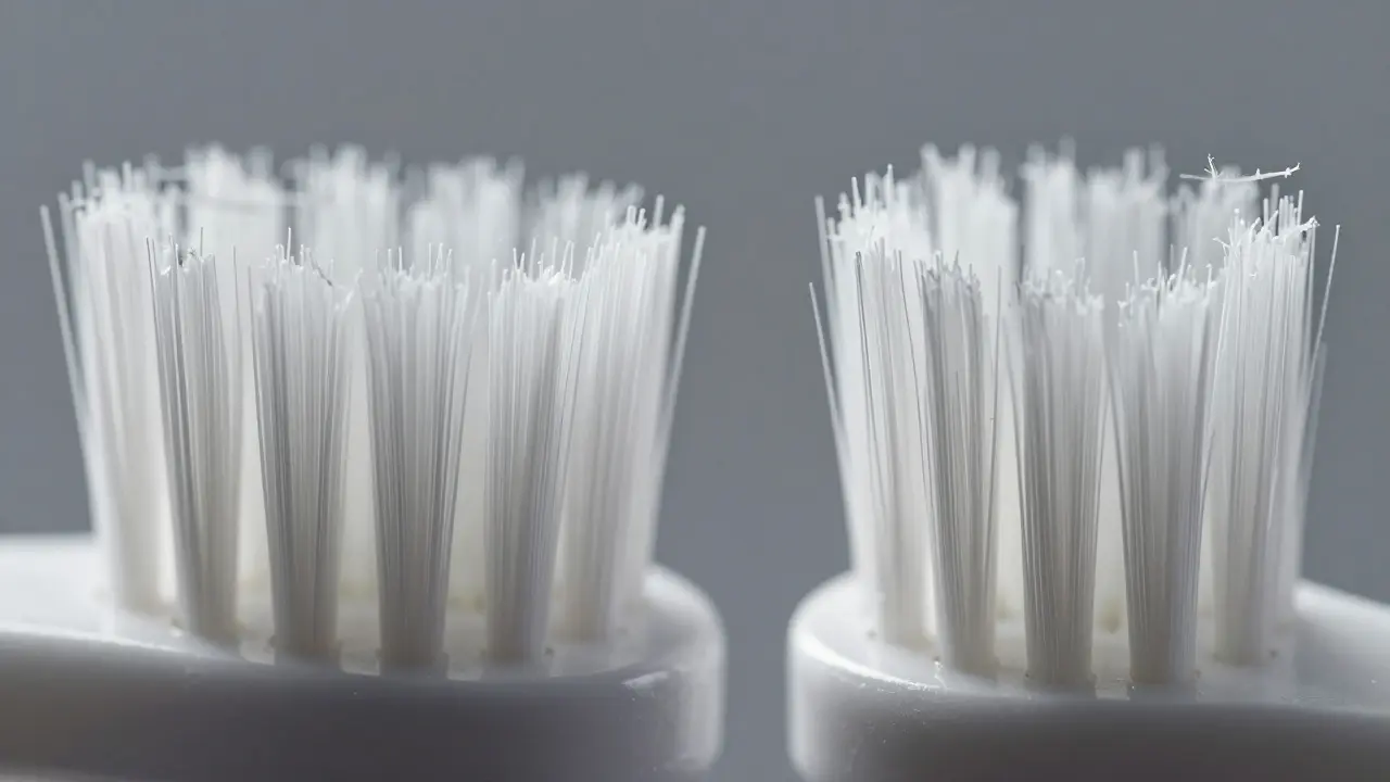 Makro záběr srovnává strukturu štětin zubních kartáčků