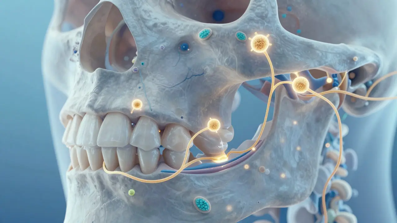Microscopic view of stem cells activating in jawbone, promoting natural bone expansion.