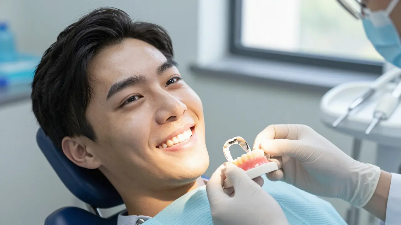 Patient smiling as dentist places dental crown after root canal therapy.