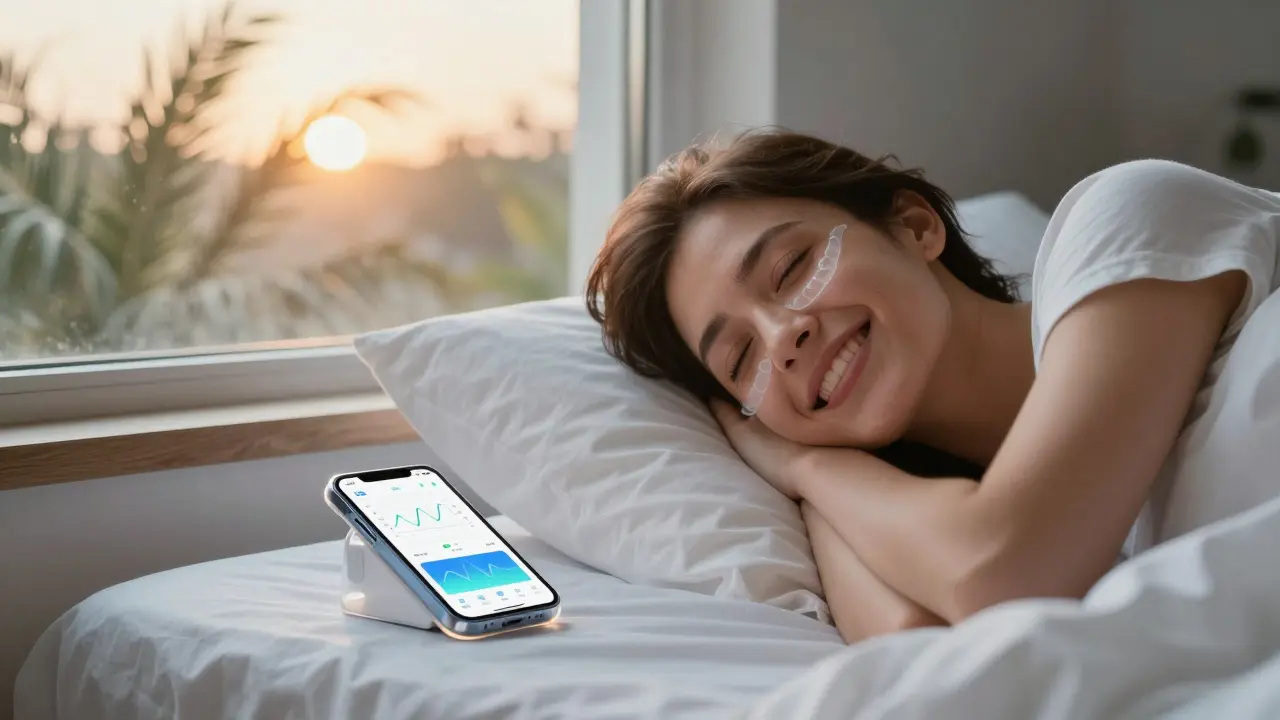 Person sleeping with a thin dental aligner, glowing device nearby, symbolizing gentle treatment.