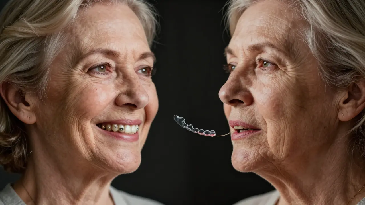 Porovnání tváře s implantáty a s protézou – stabilita vs. úbytek kosti.