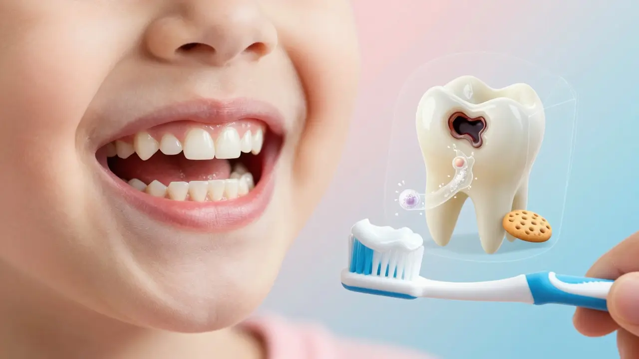 Porovnání zdravého a zkaženého mléčného zubu s bakteriemi živícími se ze slazeného nápoje.