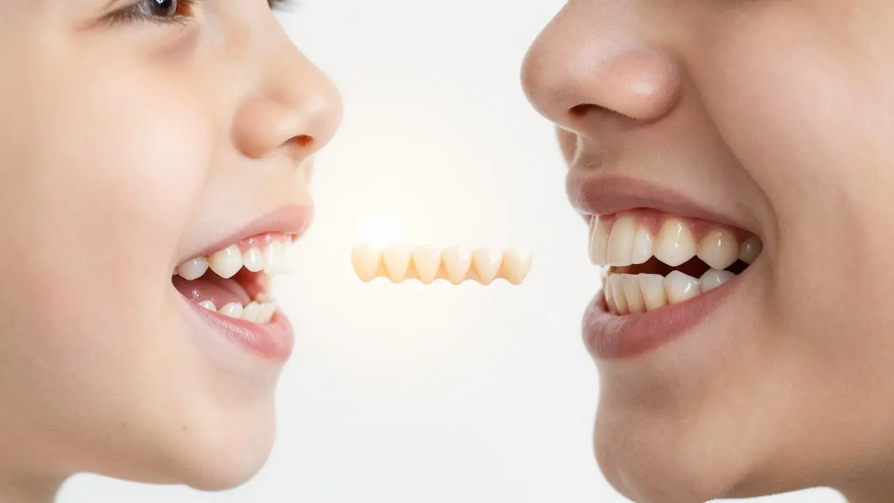 Přechod od mléčných zubů k trvalým zubům v lidské čelisti, znázorněný jako postupný vývoj.