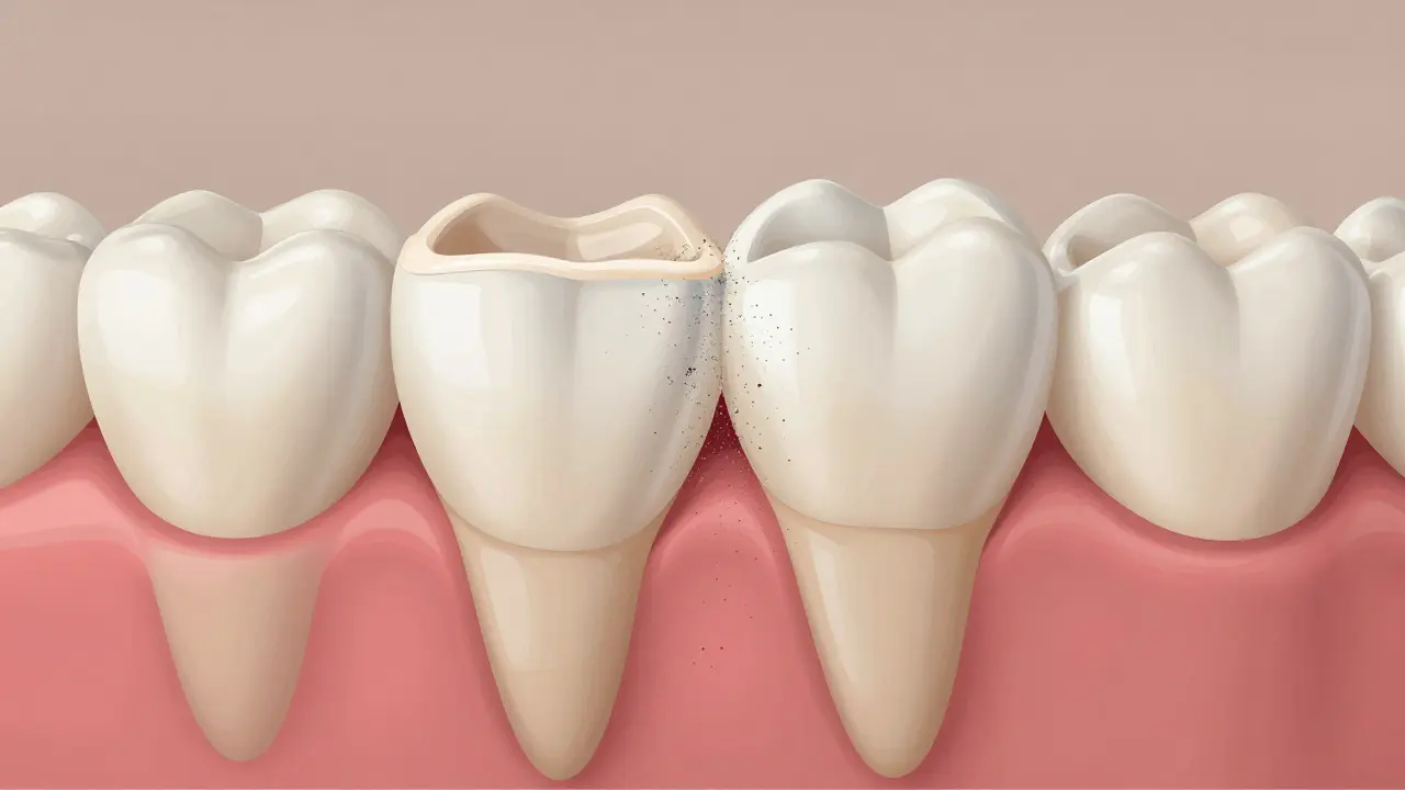 Příčný řez zubem ukazující tenčení sklovinky kvůli abrazivním částicím a zvýraznění dentinu.