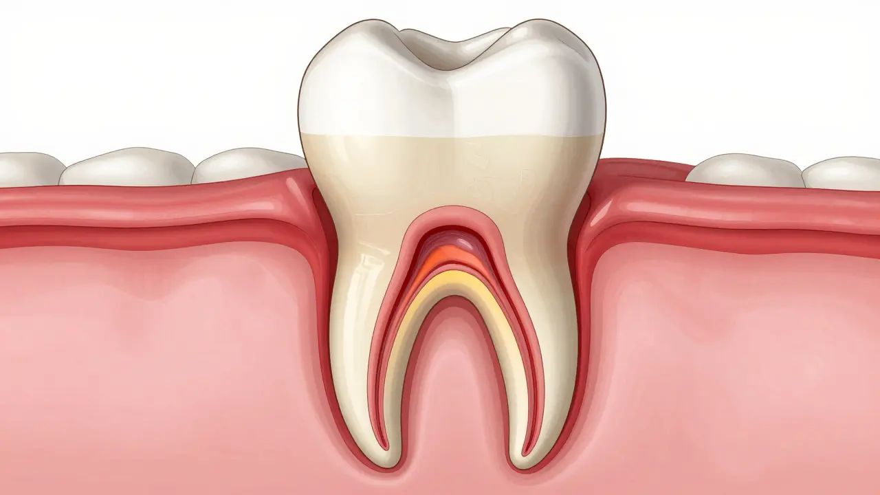 Příčný řez zubu s infikovanou pulpou a abscesem u kořene, s vyznačenými tkáněmi dásně a čelisti.