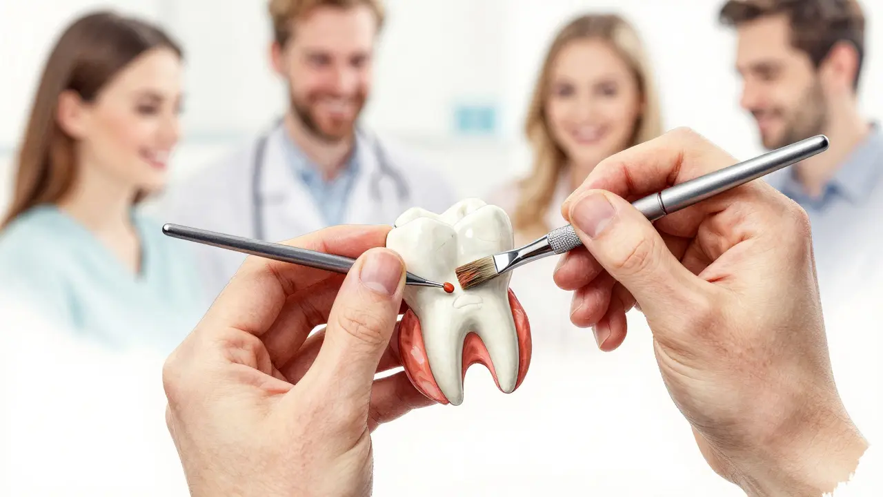 Ruce laboranta tvarují zub, z nějž se vynořují obličeje pacientů, symbolizující lidský dopad práce.