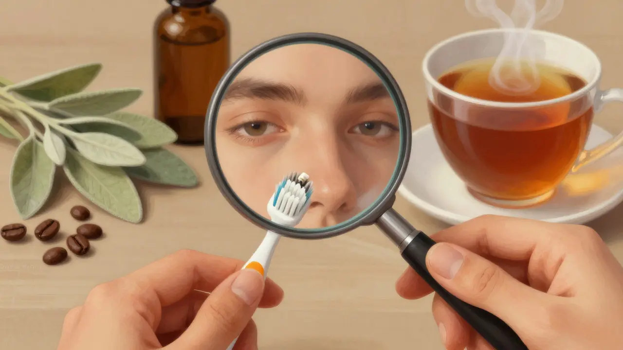 Ruka čistí implantáty měkkým kartáčkem pod zrcátkem, vedle jsou bylinky a čaj — symbol péče a hojení.