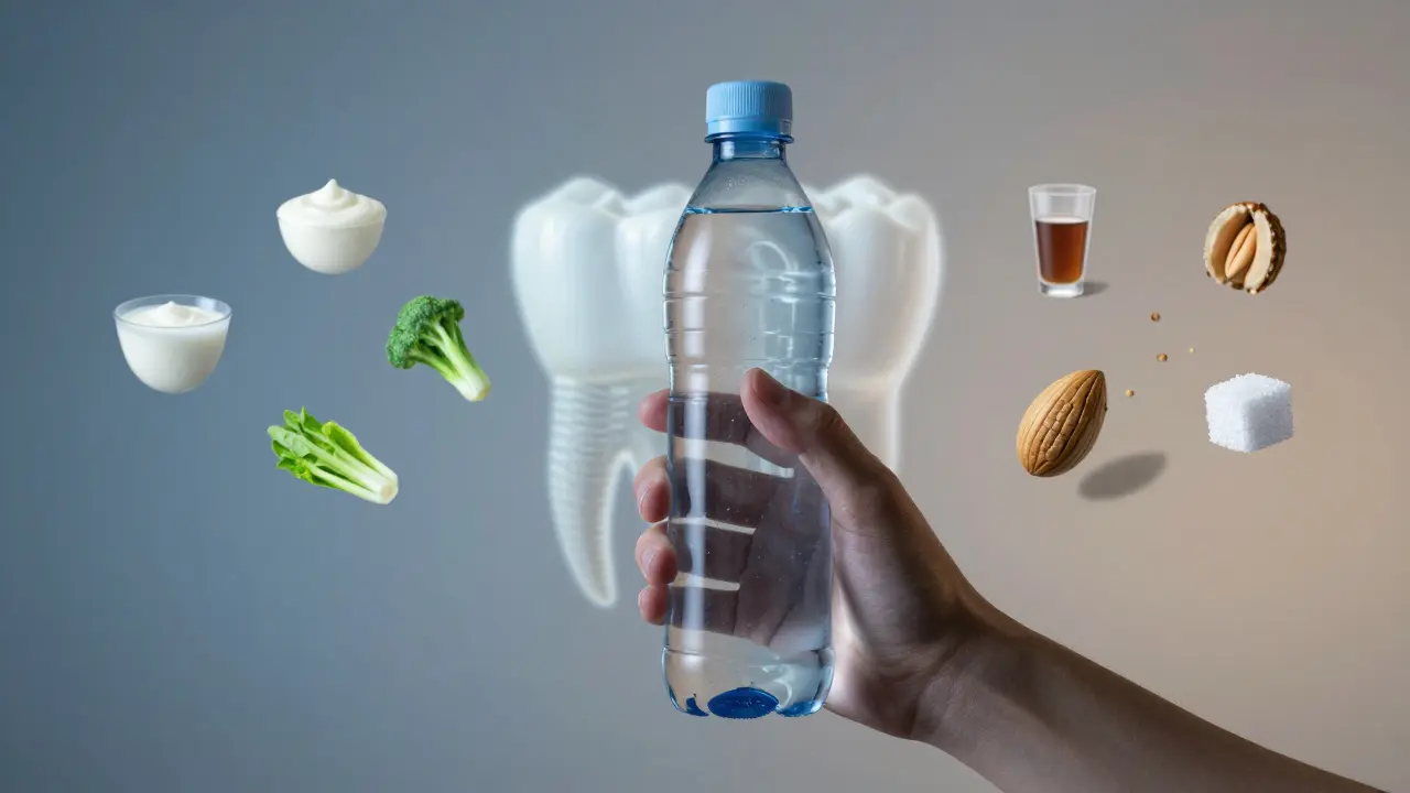 Ruka drží láhev vody, za ní viditelný růst kostní tkáně kolem zubního implantátu.