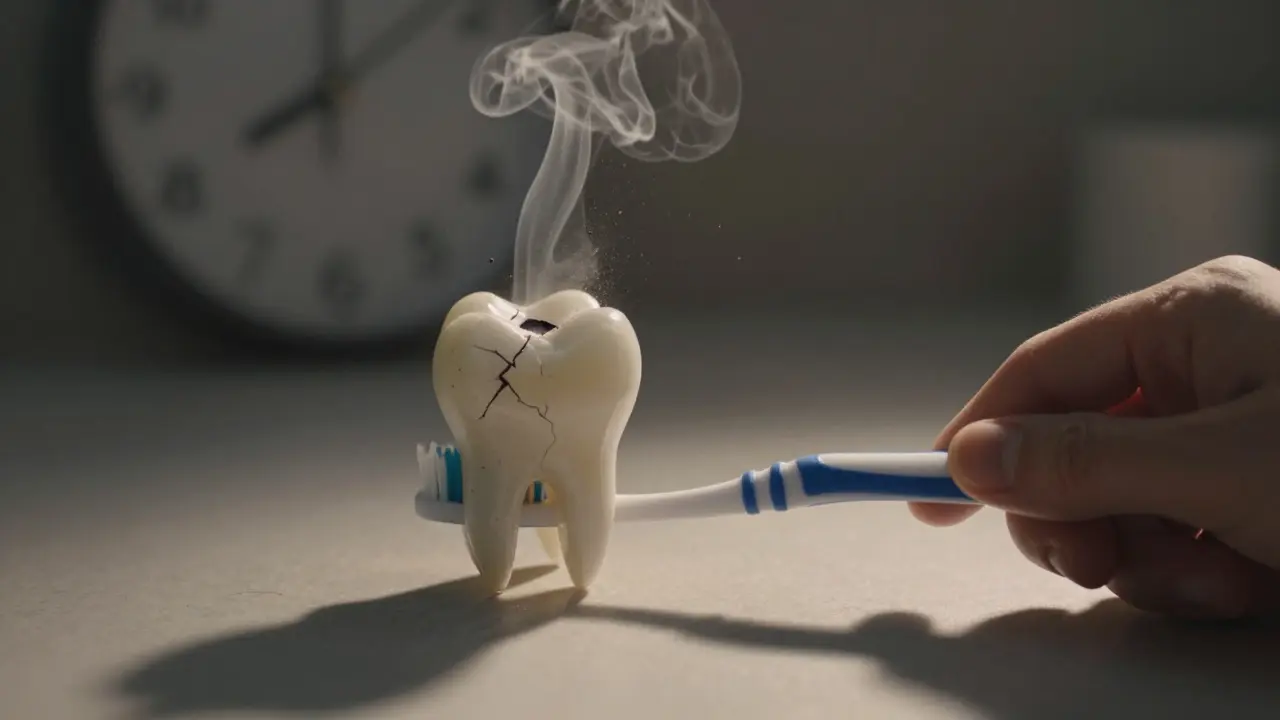 Rukou držená kartáček vedle poškozeného zubu s malou černou dírkou, symbolický úbytek času.