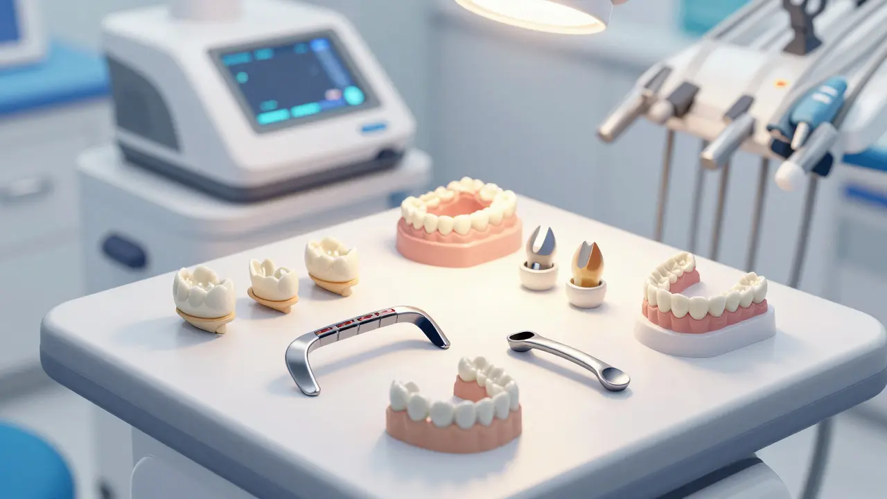Různé typy zubních náhrad na stole v ordinaci