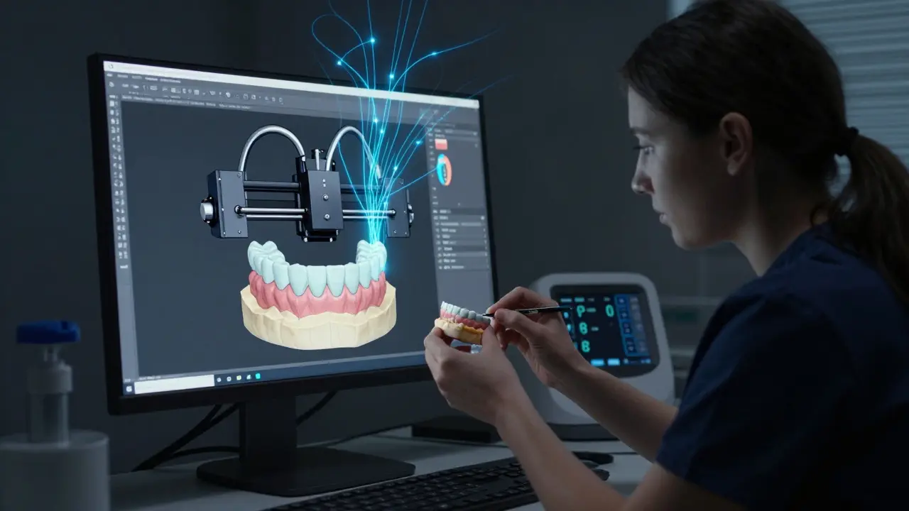 Technik navrhuje čelistní protézu na počítači, zatímco 3D tiskárna vytváří protézu.