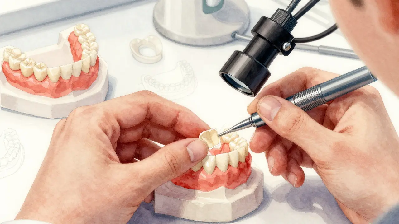Technik v laboratoři přilepuje tenkou keramickou fazetu na model zubu