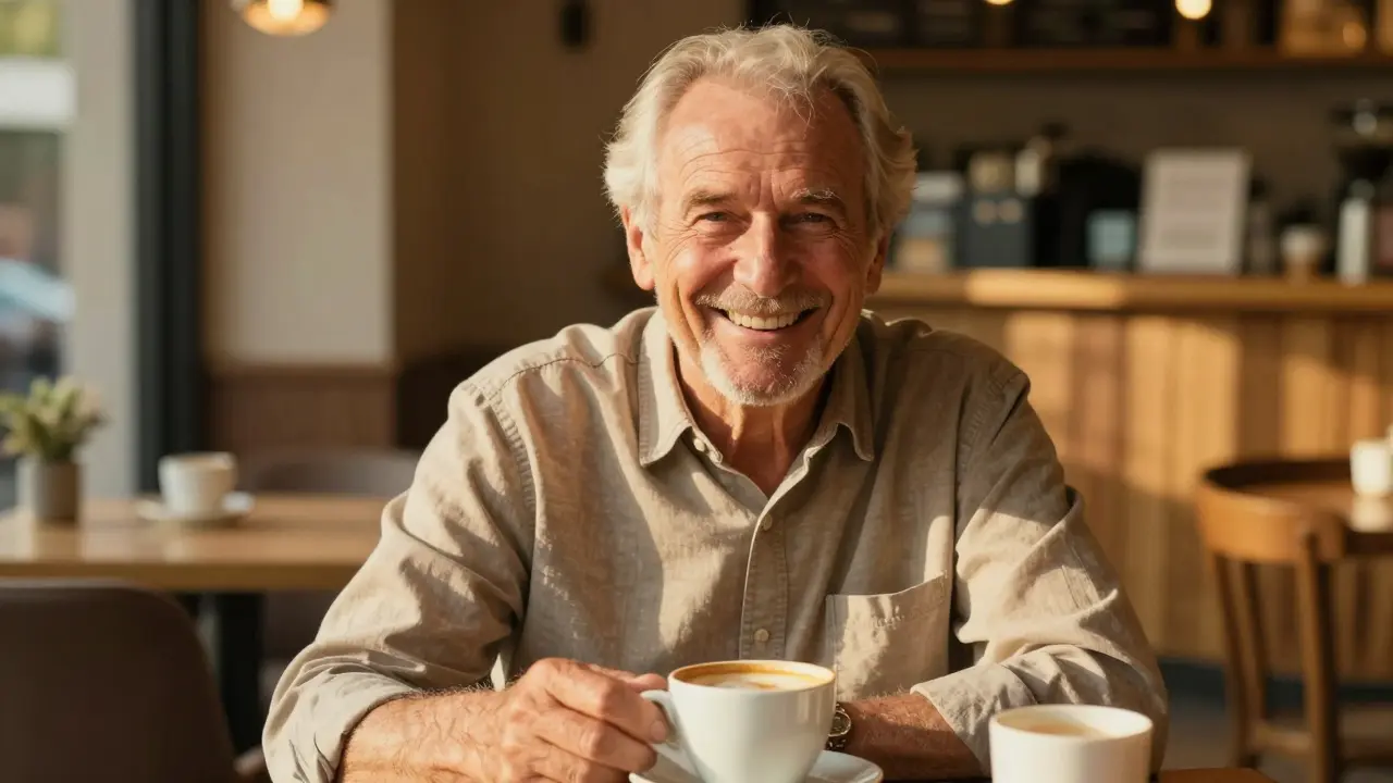 Úspěšný senior po rekonstrukci chrupu se usmívá v kavárně
