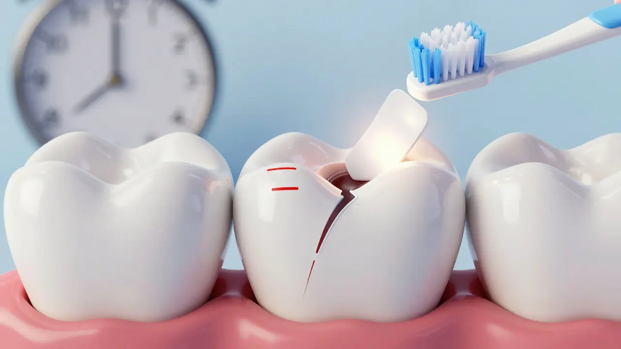 Zub s kádem, který je zakrýván bílou plombou, symbolizující léčbu a ochranu.