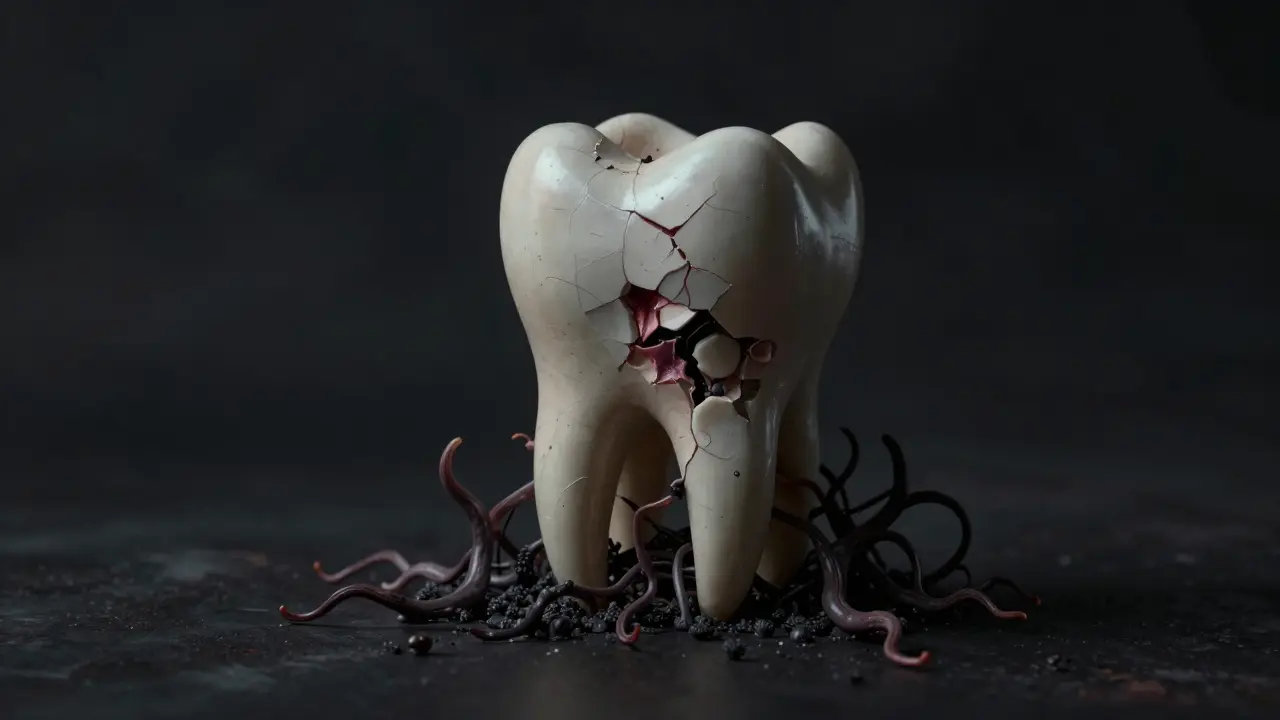 Zub se rozpadá a infekce se šíří do čelisti a krku, temný, dramatičtý styl s výrazným světlotenem.