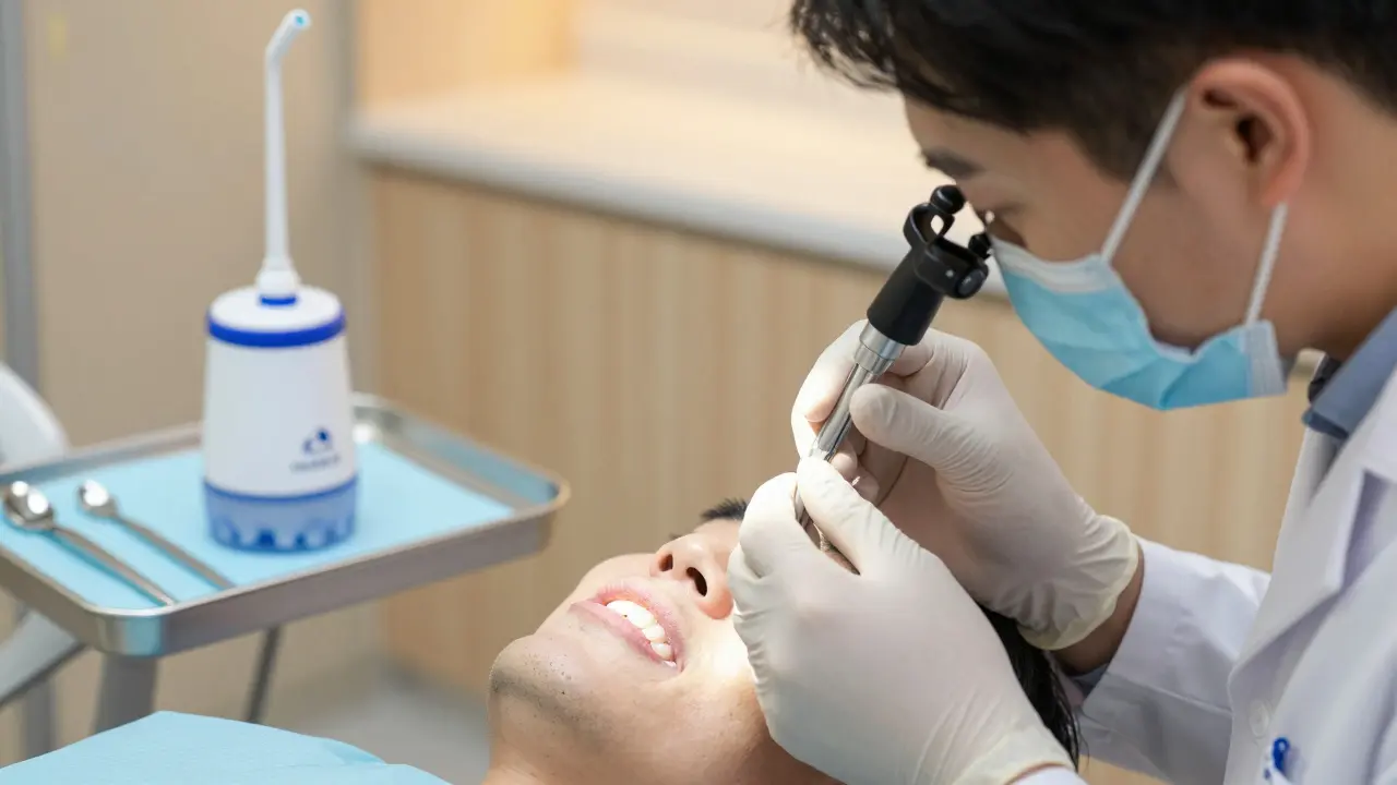 Zubař prohledává fazety pomocí lupy v klinice.