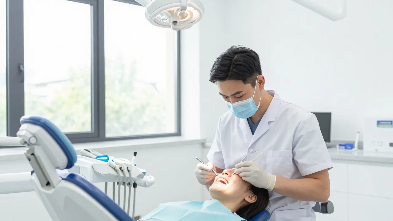 Zubní lékař přezkouvá pacienta v ordinaci