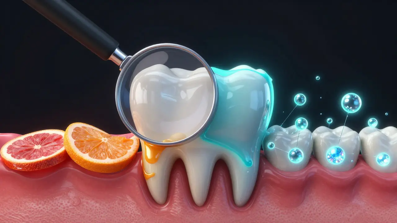 Zvětšený zub s kyselým poškozením na jedné straně a ochranou fluoridem na druhé.