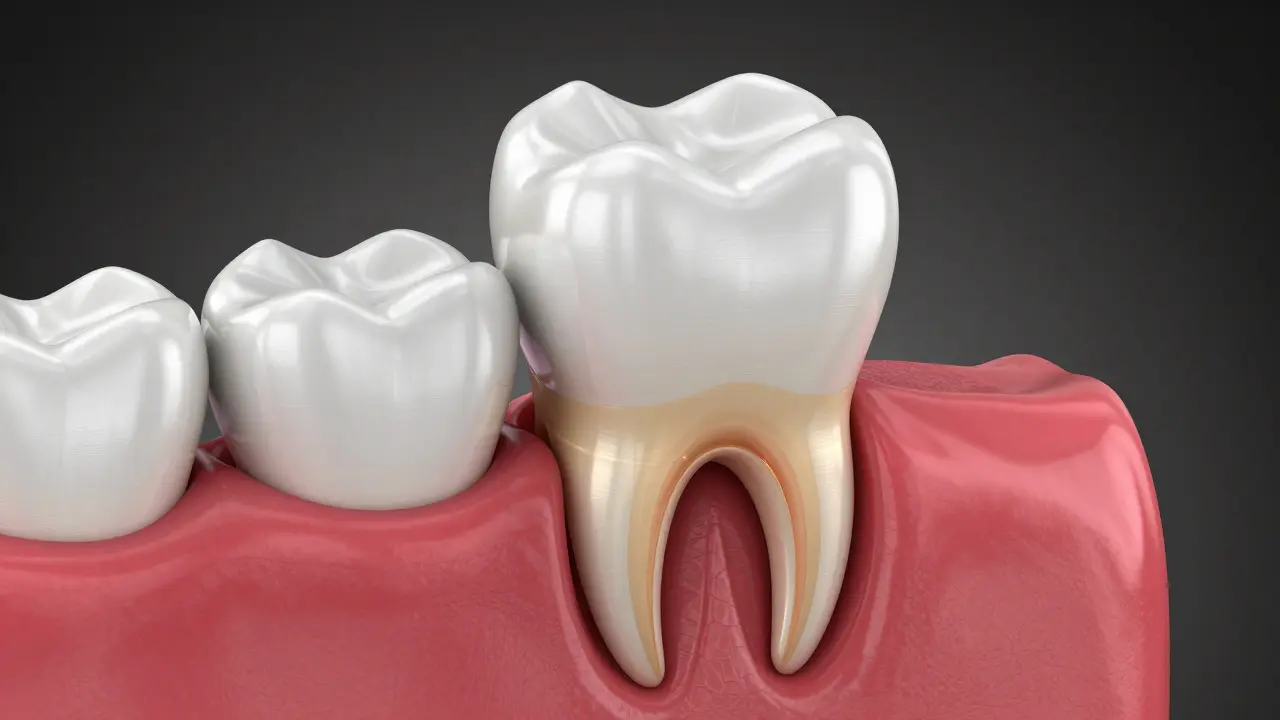 3D ilustrace průřezu zubu s keramickou korunkou a znázorněním citlivosti nervu.