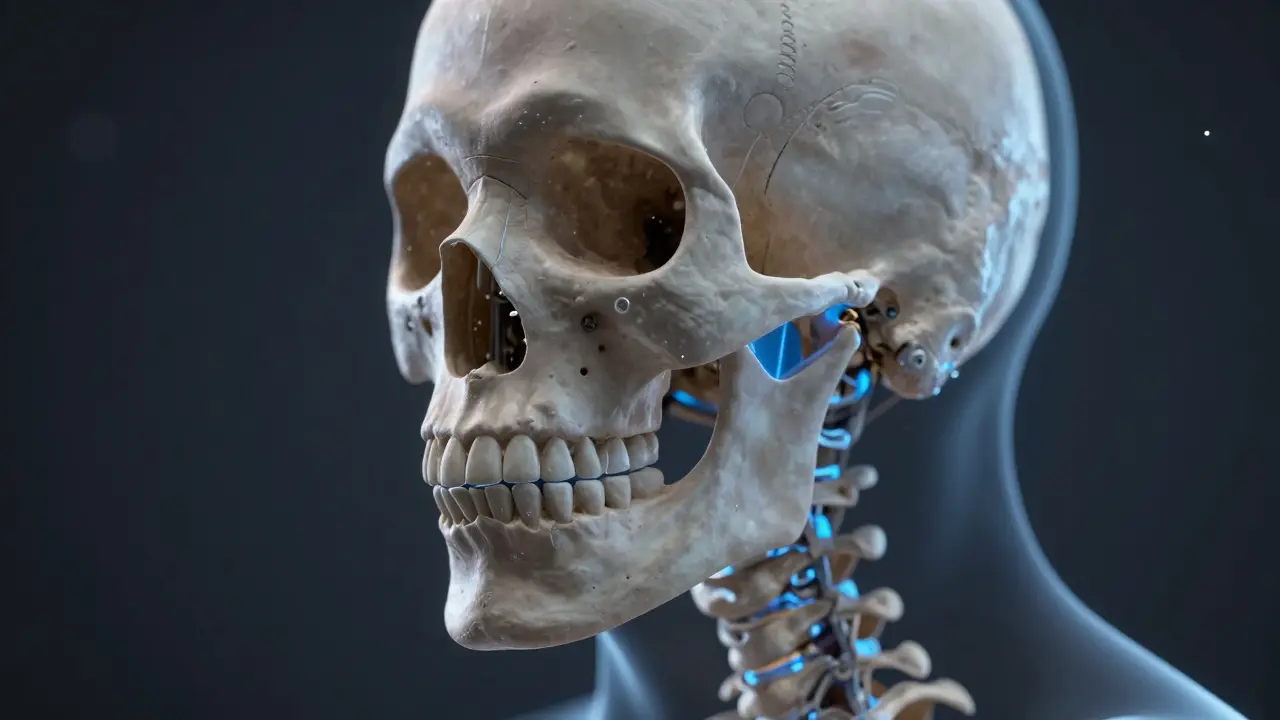 3D medicínský model lebky s vyznačeným čelistním kloubem TMK.