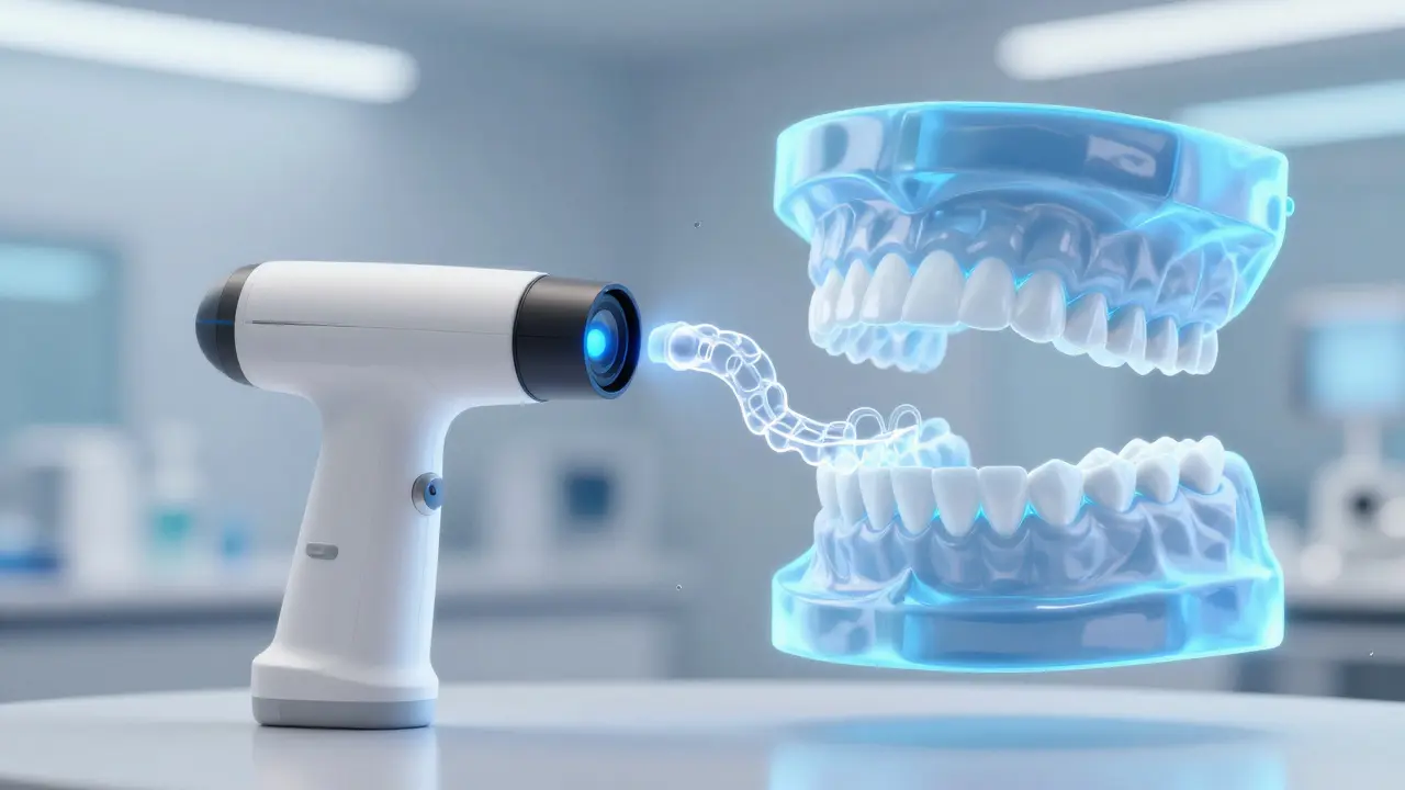 3D model čelistí a intraorální skener pro plánování léčby alignery.