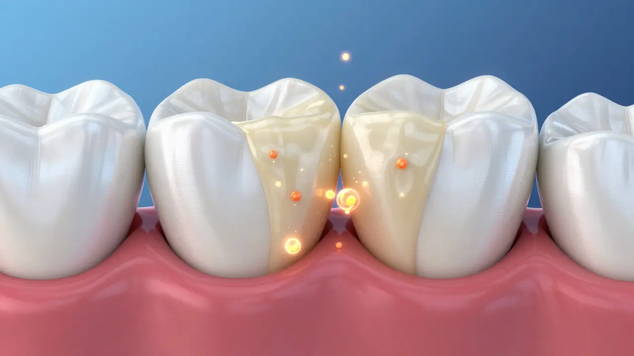 3D vizualizace plaku a kyselin v prostoru mezi dvěma zuby.