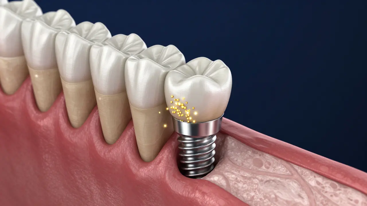 3D vizualizace procesu vrůstání titanového implantátu do kostní tkáně čelisti.