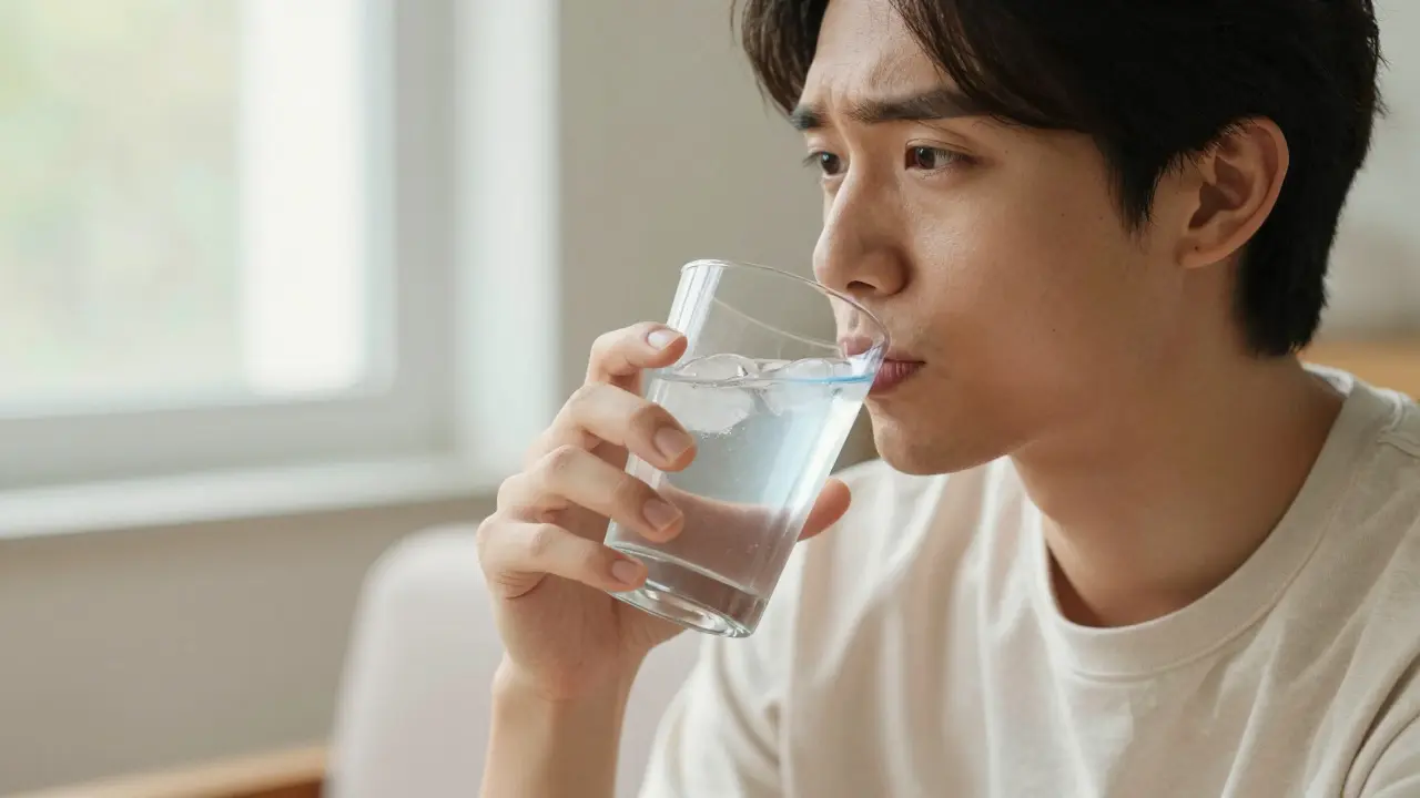 Člověk s výrazem opatrnosti pijící studenou vodu po zubním zákroku.