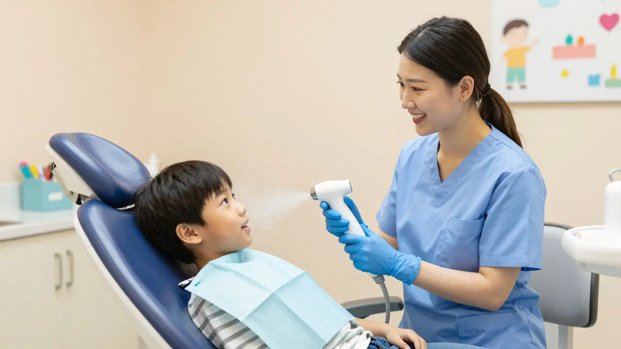 Dentální hygienistka používá metodu Airflow u klidného dítěte v ordinaci.