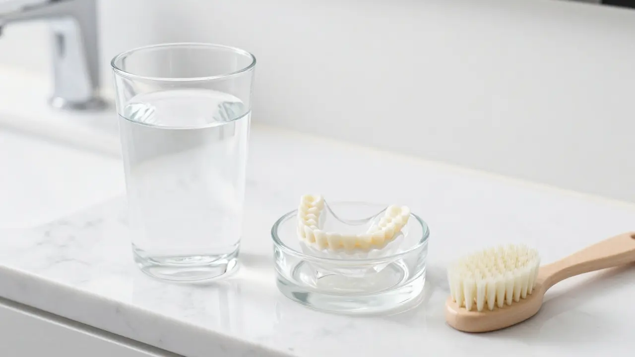 Dentální protéza v čisté sklenici s vodou na koupelnovém pultu pro noční péči.