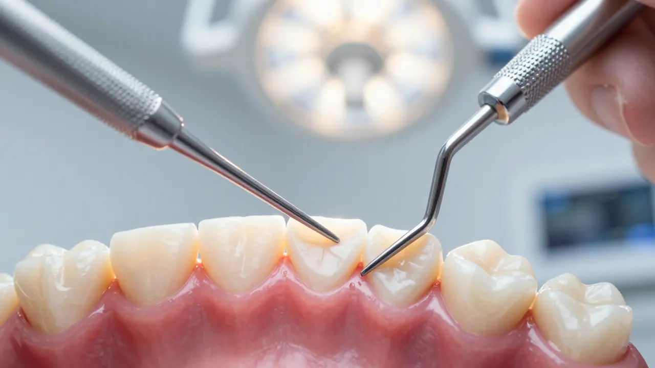 Detail speciálního nástroje kyretu při hloubkovém čištění zubního vaku.