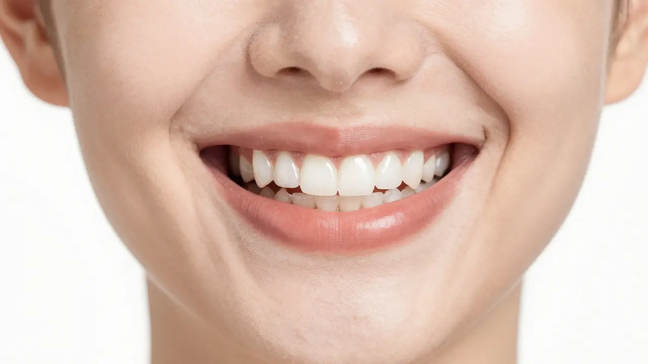 Detail úsměvu s perfektními zubními korunami a estetickými fazetami