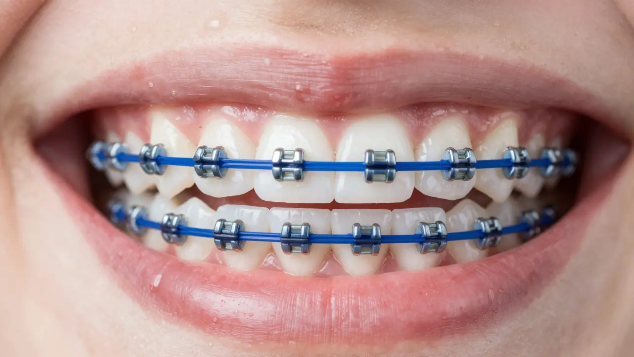 Detail úsměvu s tmavě modrými gumičkami na rovnátkách