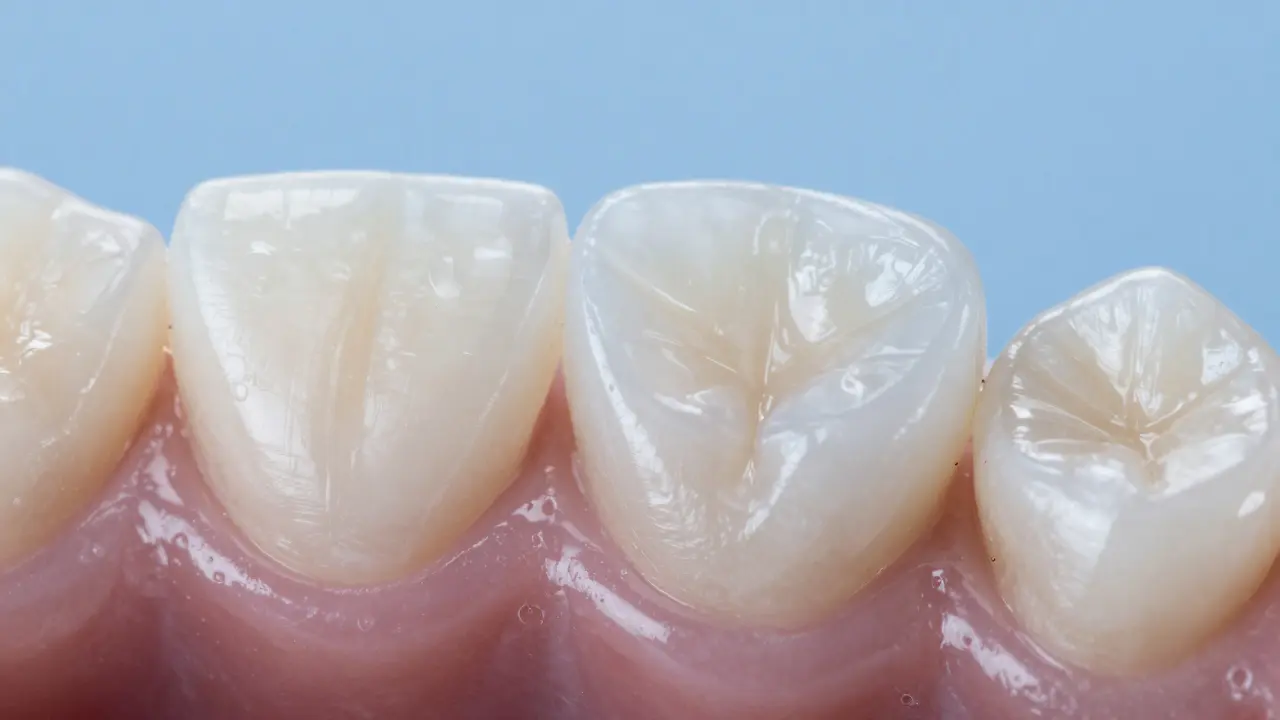 Detailní pohled na aplikaci kvalitního keramického vinýru na zub.