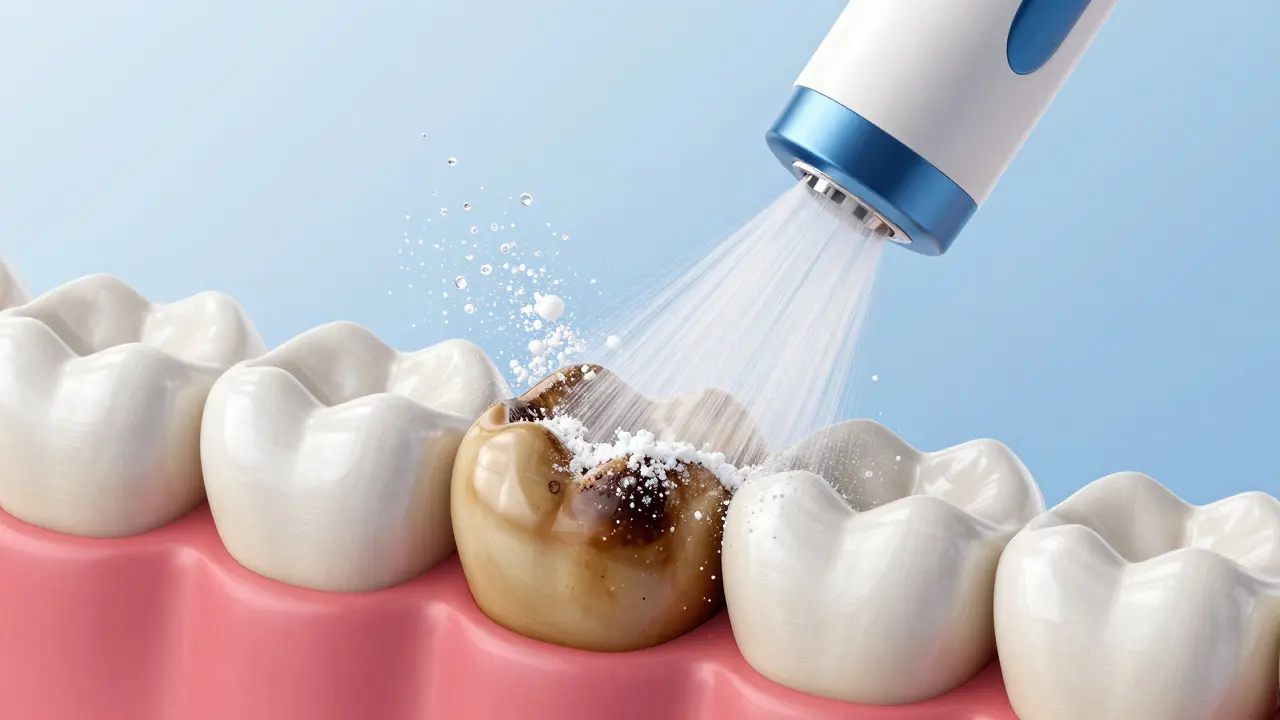 Detailní zobrazení technologie Airflow při odstraňování pigmentace ze zubů.