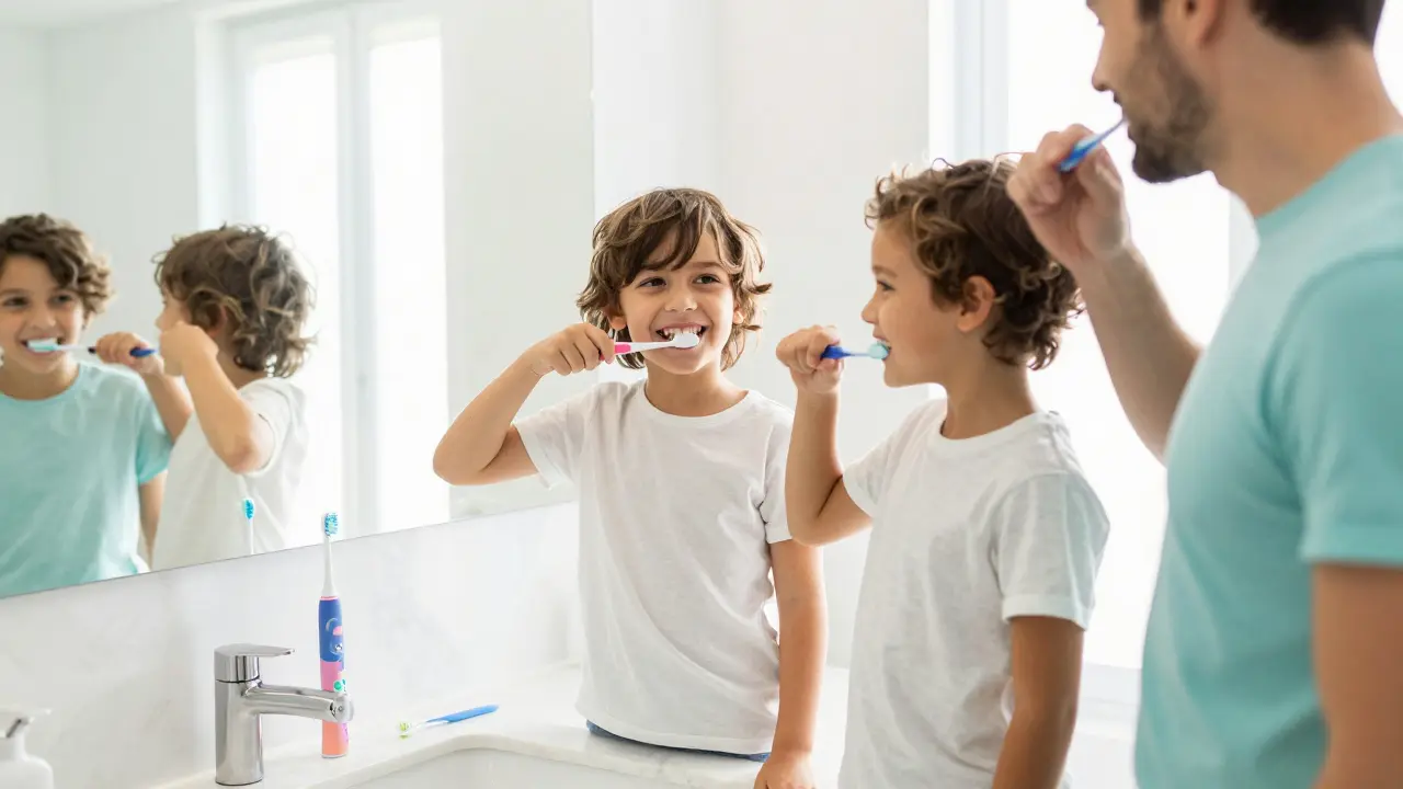 Dítě a rodič společně čistí zuby správnou technikou v koupelně.