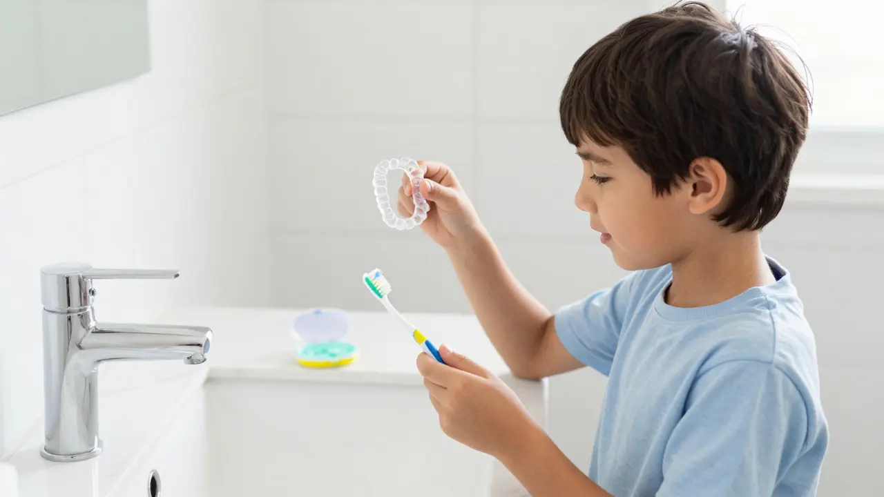 Dítě v koupelně čistí zuby a drží průhledný aligner v ruce.