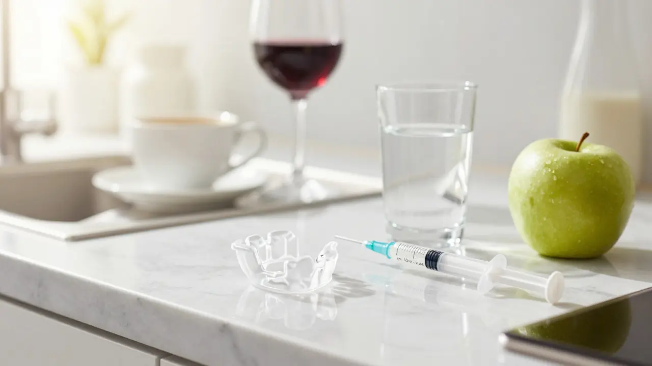 Domácí bělicí formy a gely na mramorovém povrchu vedle sklenice vody.