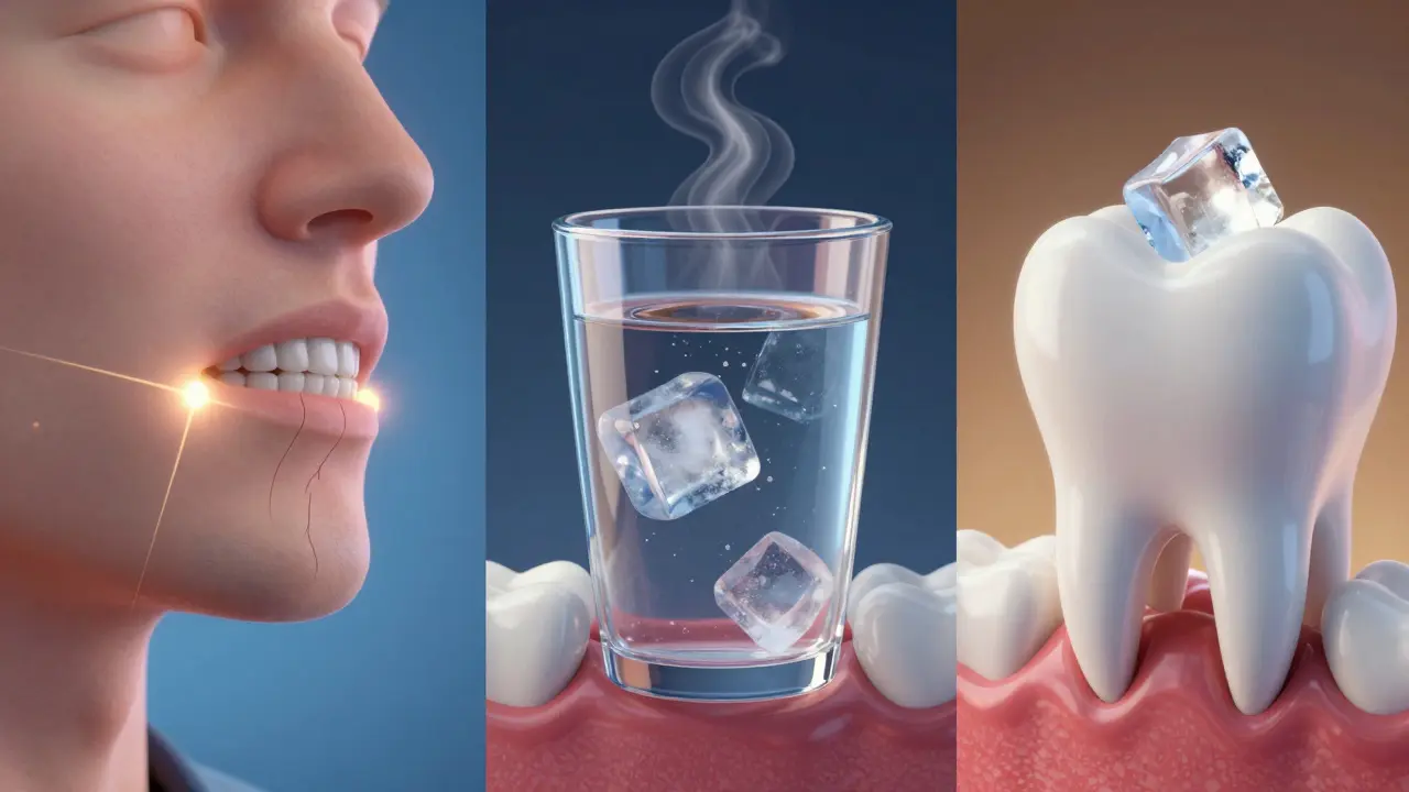Ilustrace příčin praskání zubů: skřípání, teplotní šoky a tvrdé potraviny.